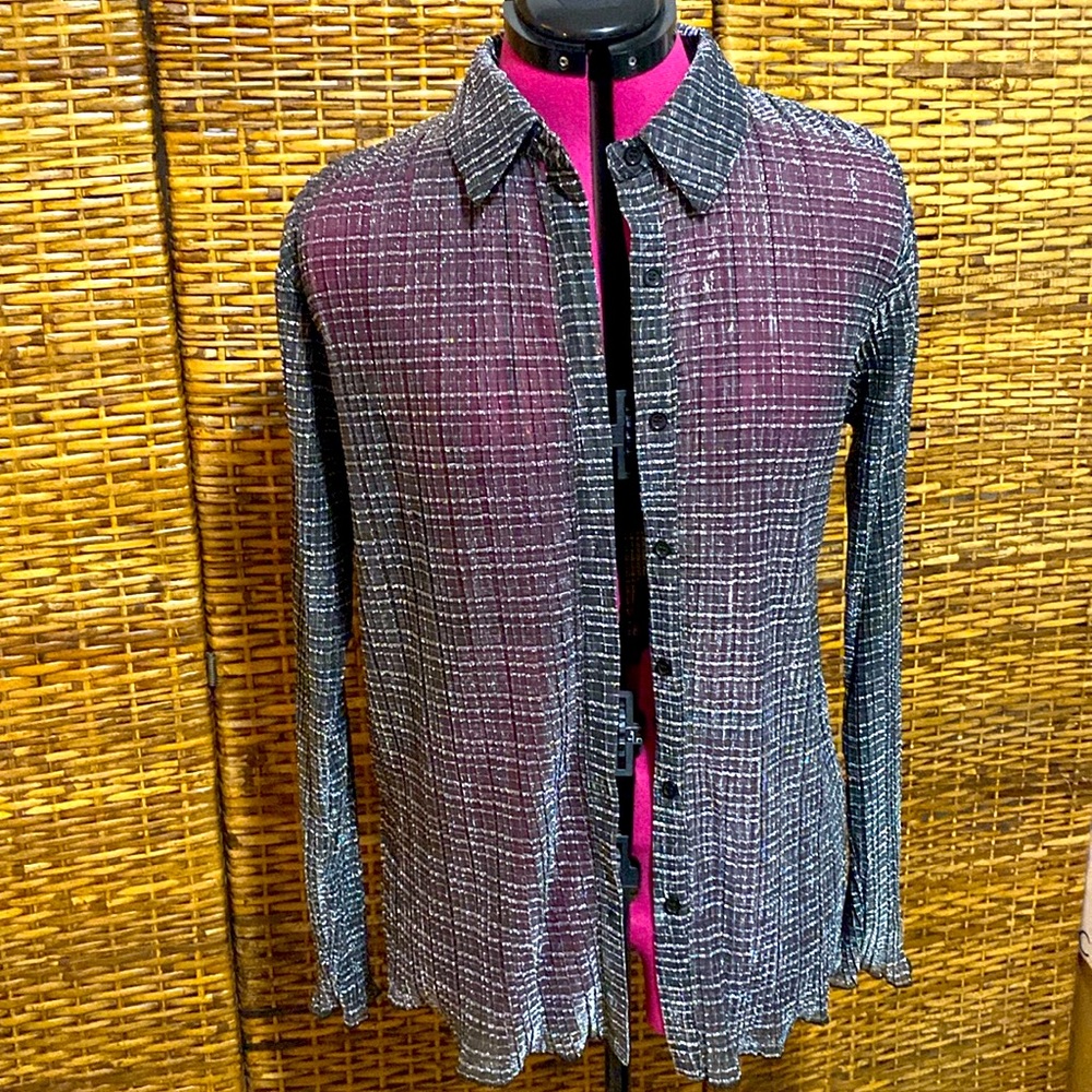NWOT Emery Park Black silver, semi sheer button up blouse S